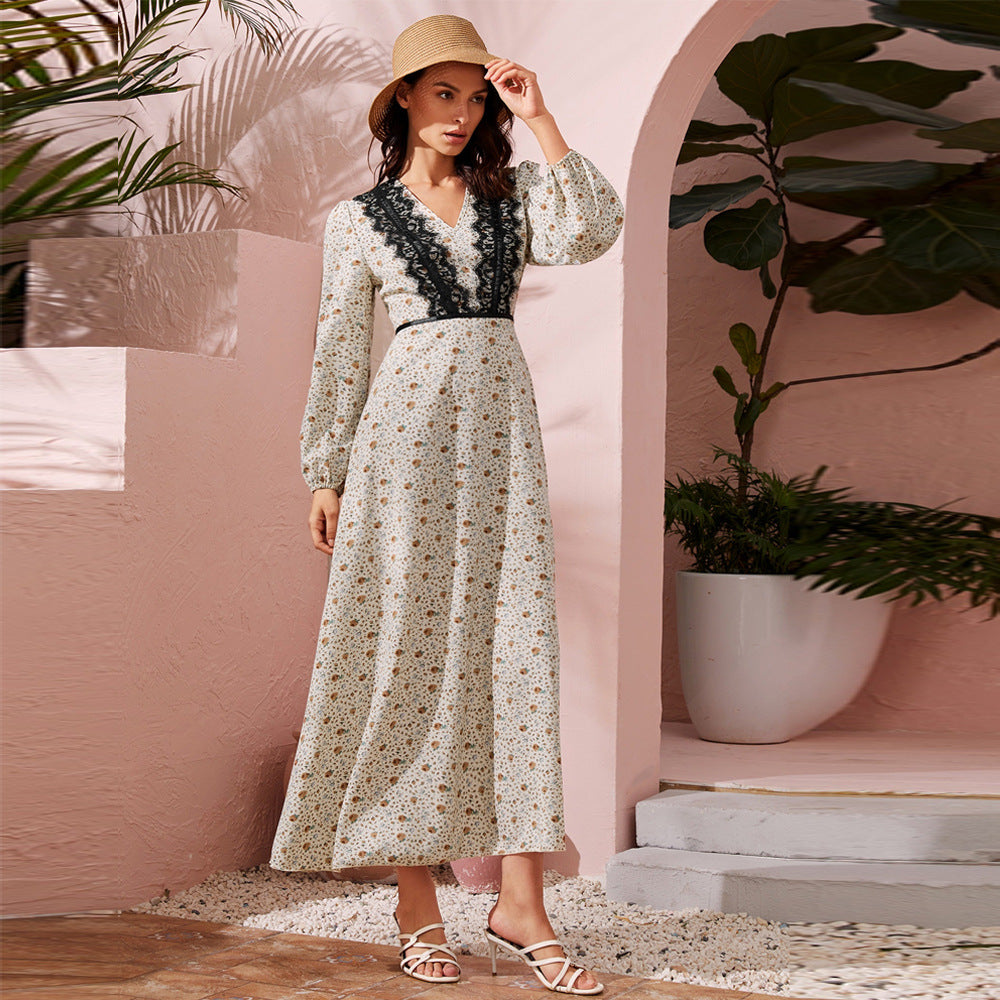 Deep V Lace Trim Ditsy Floral Bishop Sleeve Belted Maxi Dress