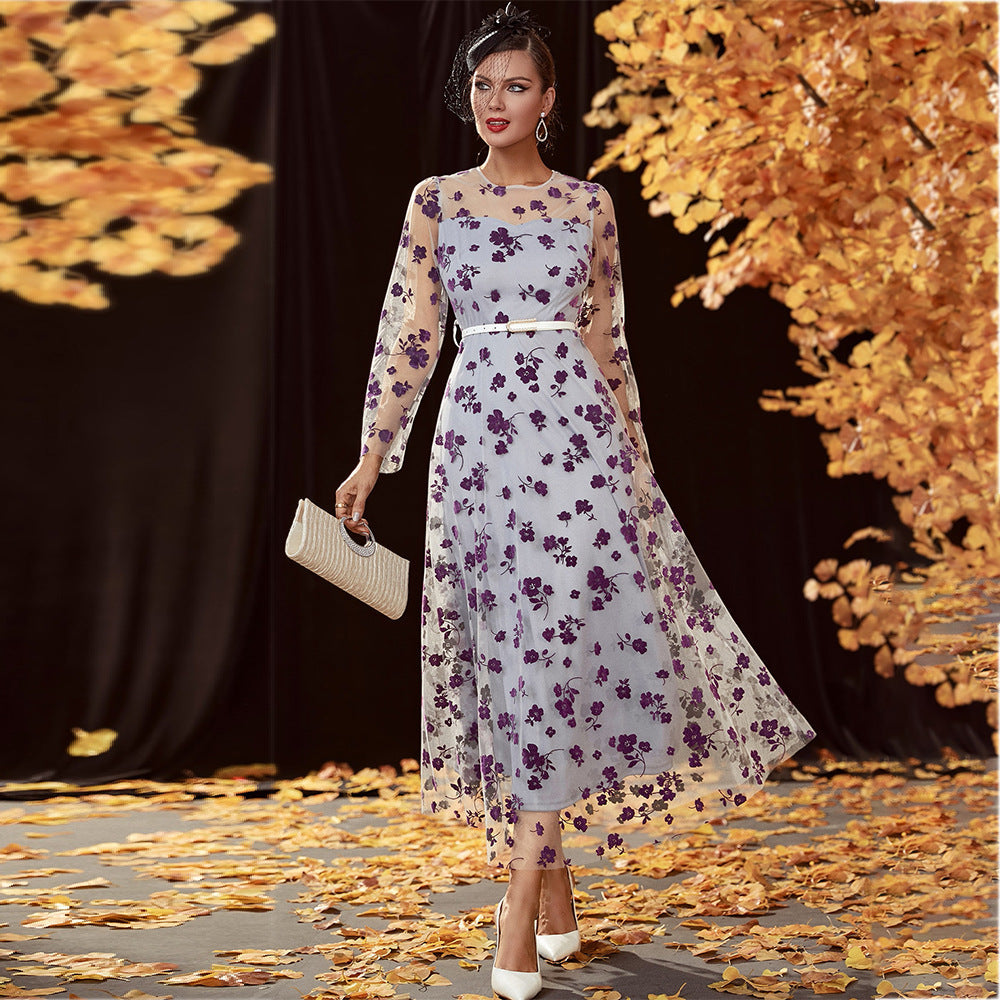 Floral Embroidered Mesh Overlay Belted A-Line Maxi Dress