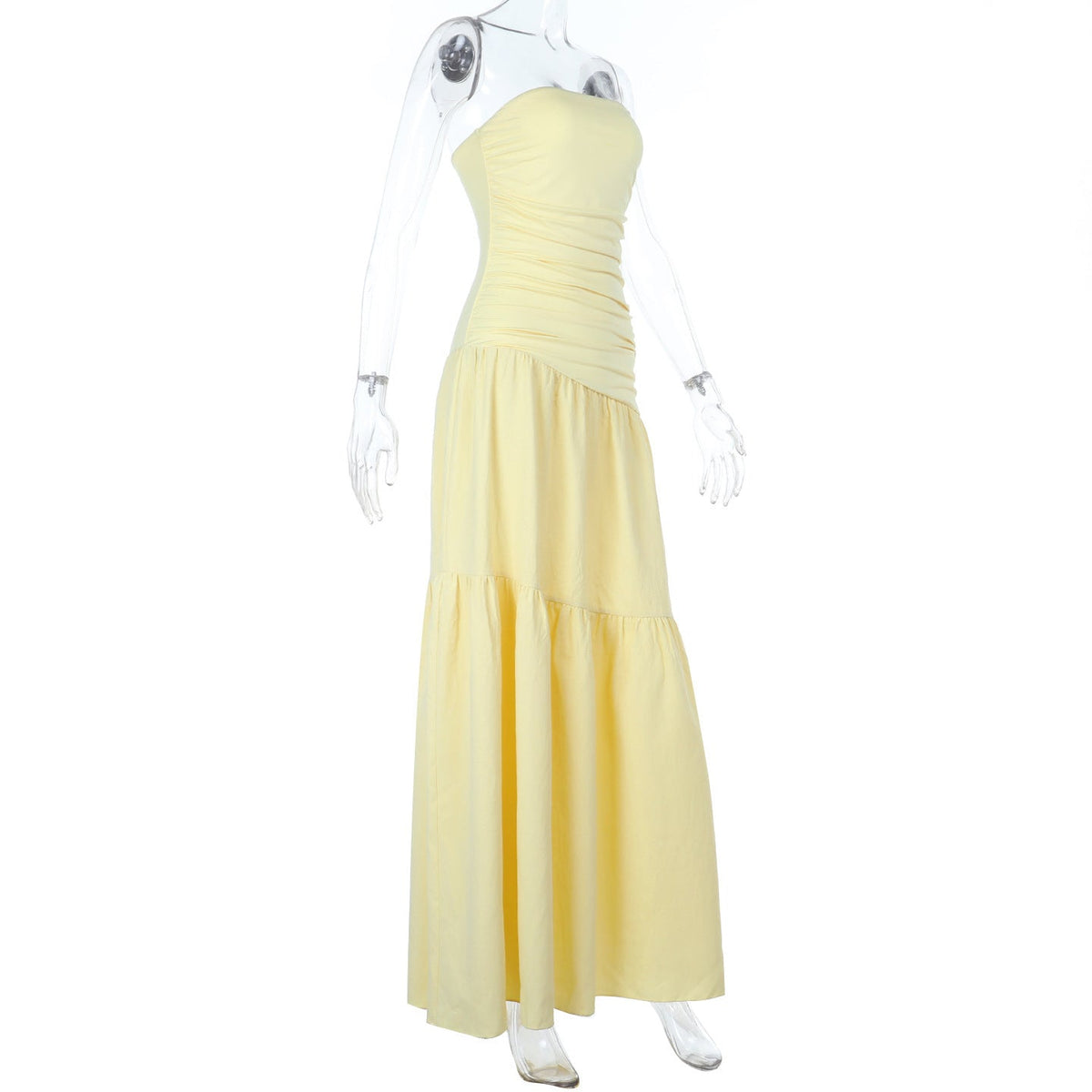 Strapless Ruched Bodice Tiered A-Line Maxi Dress