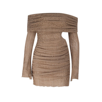 Off Shoulder Smocked Texture Bell Cuff Side Cutout Mini Dress