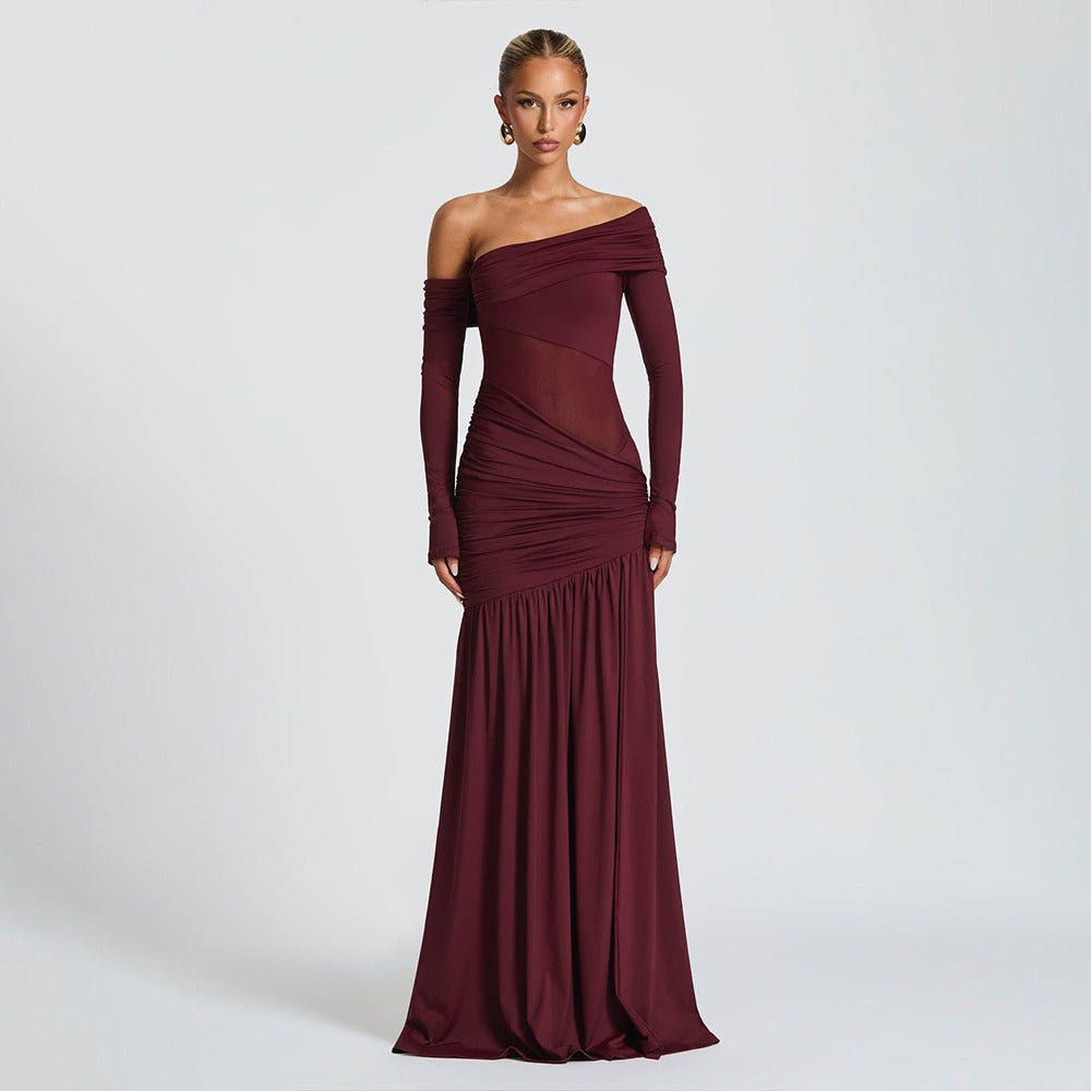 One Shoulder Diagonal Ruching Mesh Panel High Slit Maxi Gown
