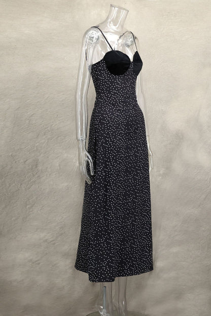 Spaghetti Strap Scalloped Velvet Bust Polka Dot Bodycon Maxi Dress