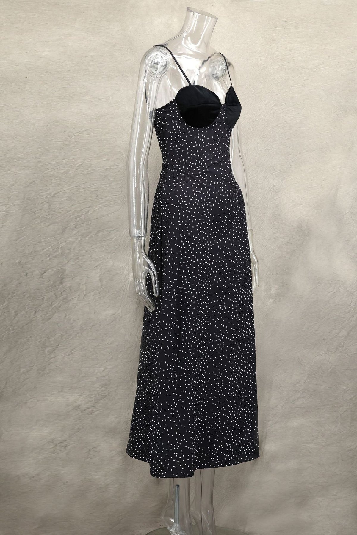 Sweetheart Scallop Velvet Bust Polka Dot Spaghetti Strap Midi Dress