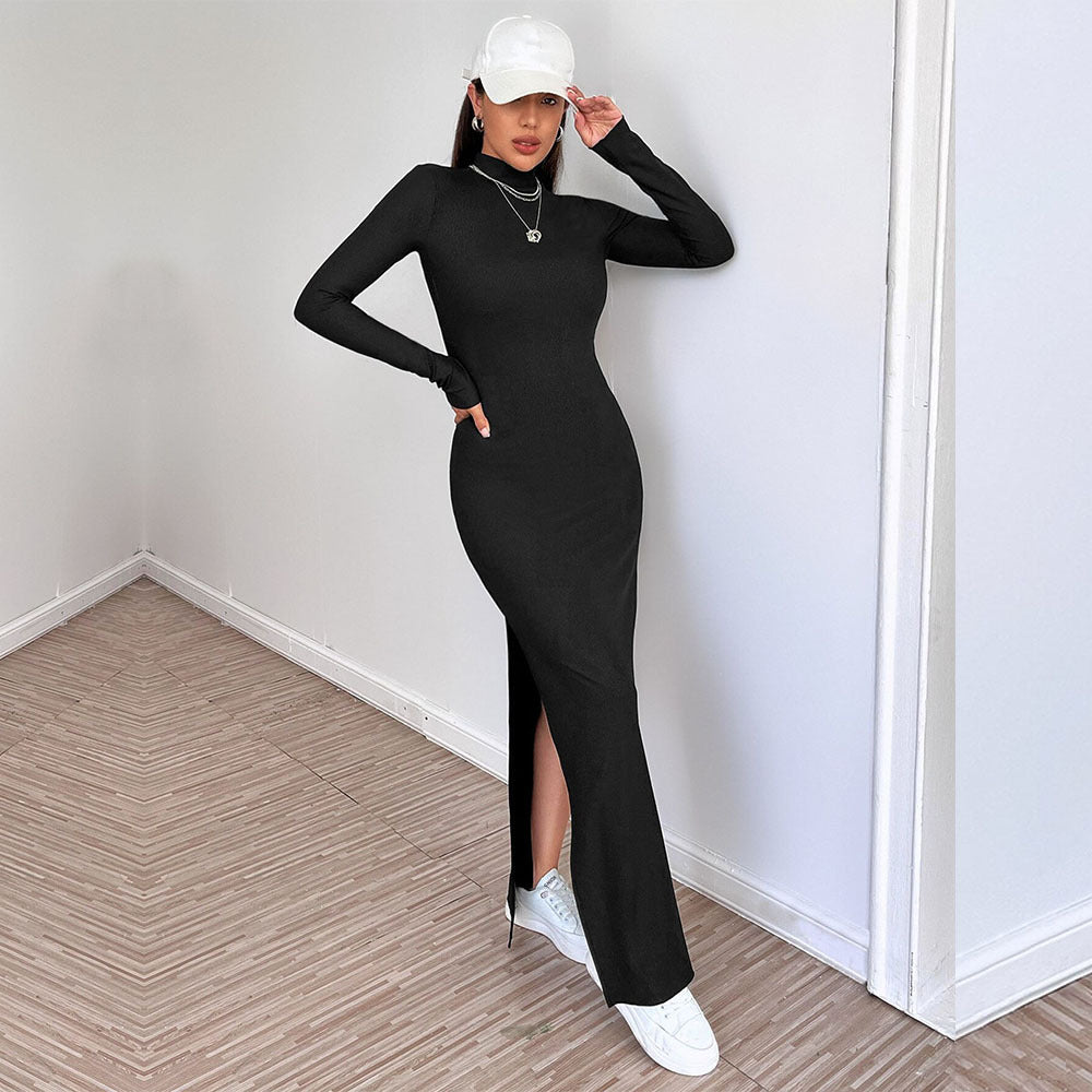 Mock Neck Chain Back Open Back High Slit Bodycon Maxi Dress