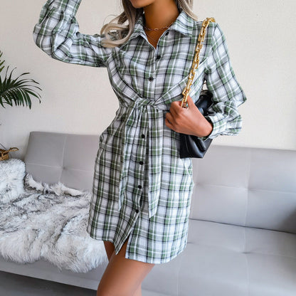 Collared Button Front Tie Waist Plaid Mini Shirt Dress