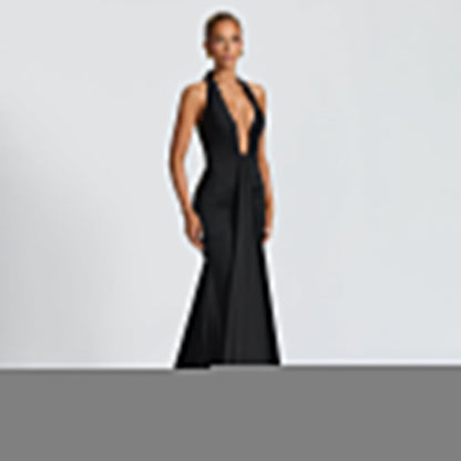Halter Deep Plunge Ruched Hip Front Panel Maxi Gown