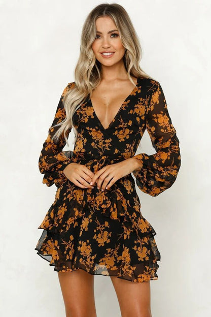 Deep V-Neck Flutter Sleeve Belted Ruffle Layer Floral Print Mini Dress