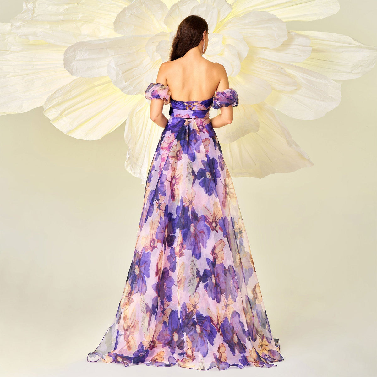 Sweetheart Off Shoulder Puff Sleeve Belted Floral Print A Line Maxi Dress