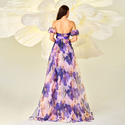 Sweetheart Off Shoulder Puff Sleeve Belted Floral Print A Line Maxi Dress
