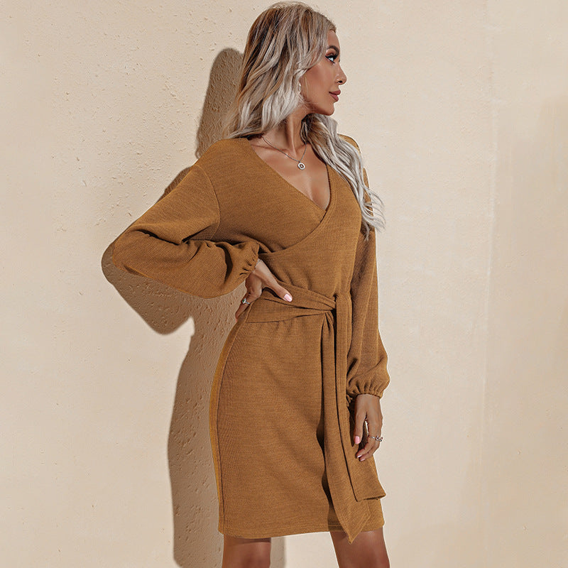 V Neck Wrap Front Lantern Sleeve Knit Mini Dress With Self Tie Belt