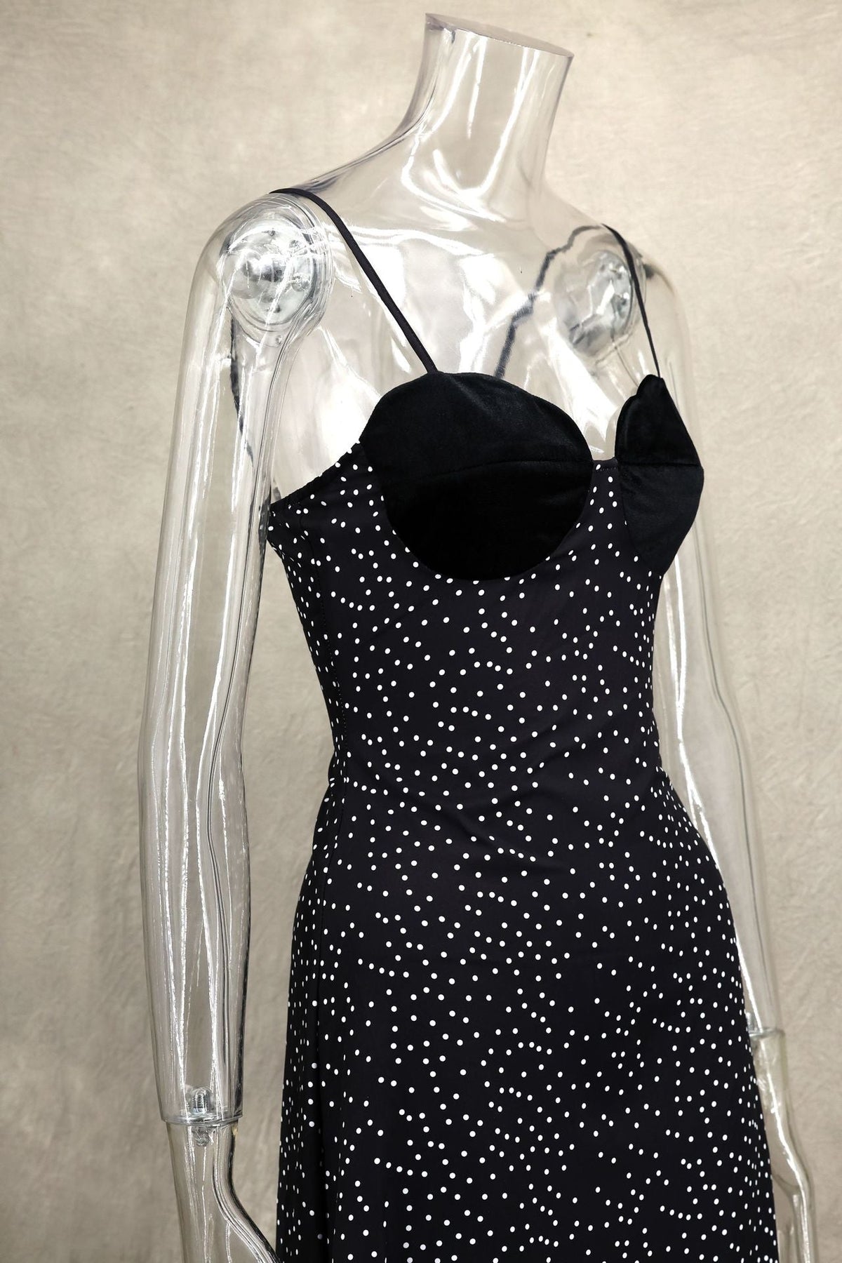 Spaghetti Strap Scalloped Velvet Bust Polka Dot Bodycon Maxi Dress