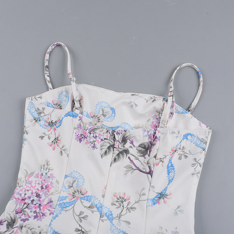 Square Neck Corset Ribbon Floral Gathered A-Line Midi Dress