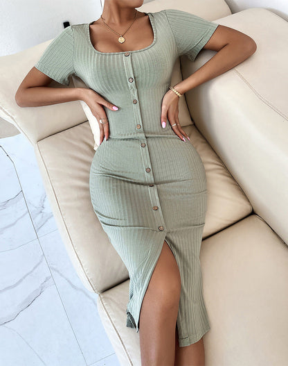 Collared Button Down Rib Knit Midi Shirt Dress