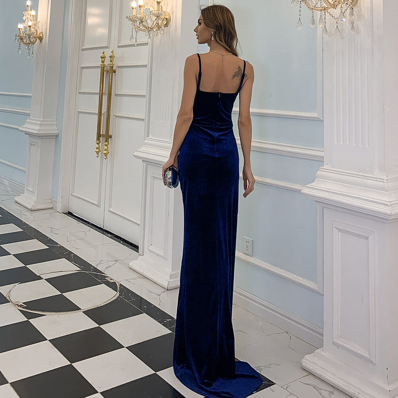 Spaghetti Strap Sweetheart Ruched Velvet Thigh Slit Floor Length Gown