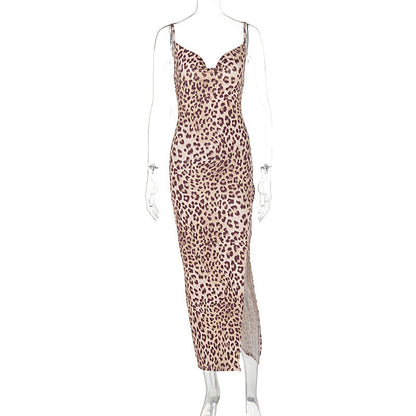 Print Cowl Neck Spaghetti Strap High Slit Bodycon Maxi Dress
