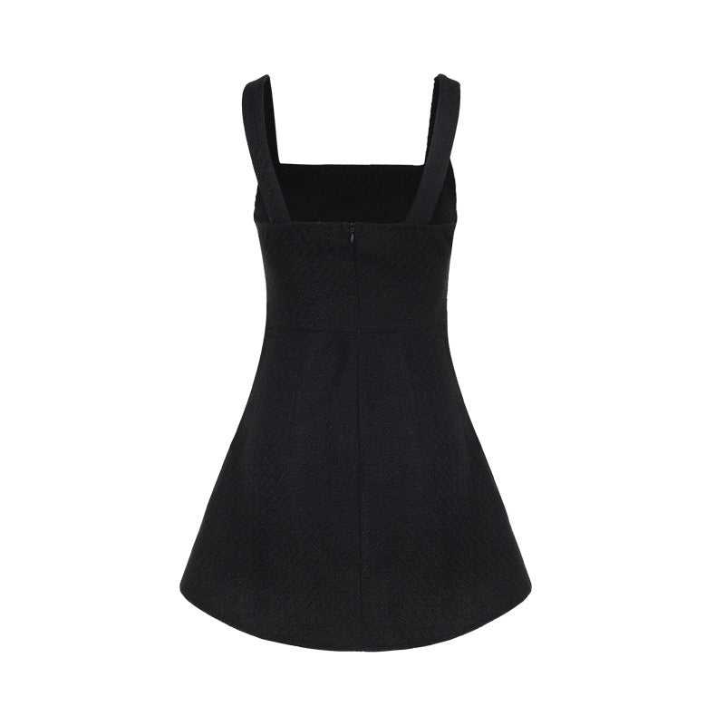 Square Neck Tweed Pearl Button Pocket A-Line Mini Dress