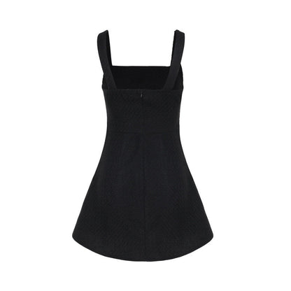 Square Neck Tweed Pearl Button Pocket A-Line Mini Dress