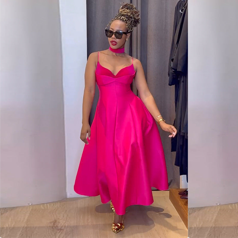 Sweetheart Choker Spaghetti Strap Pleated A-Line Midi Dress