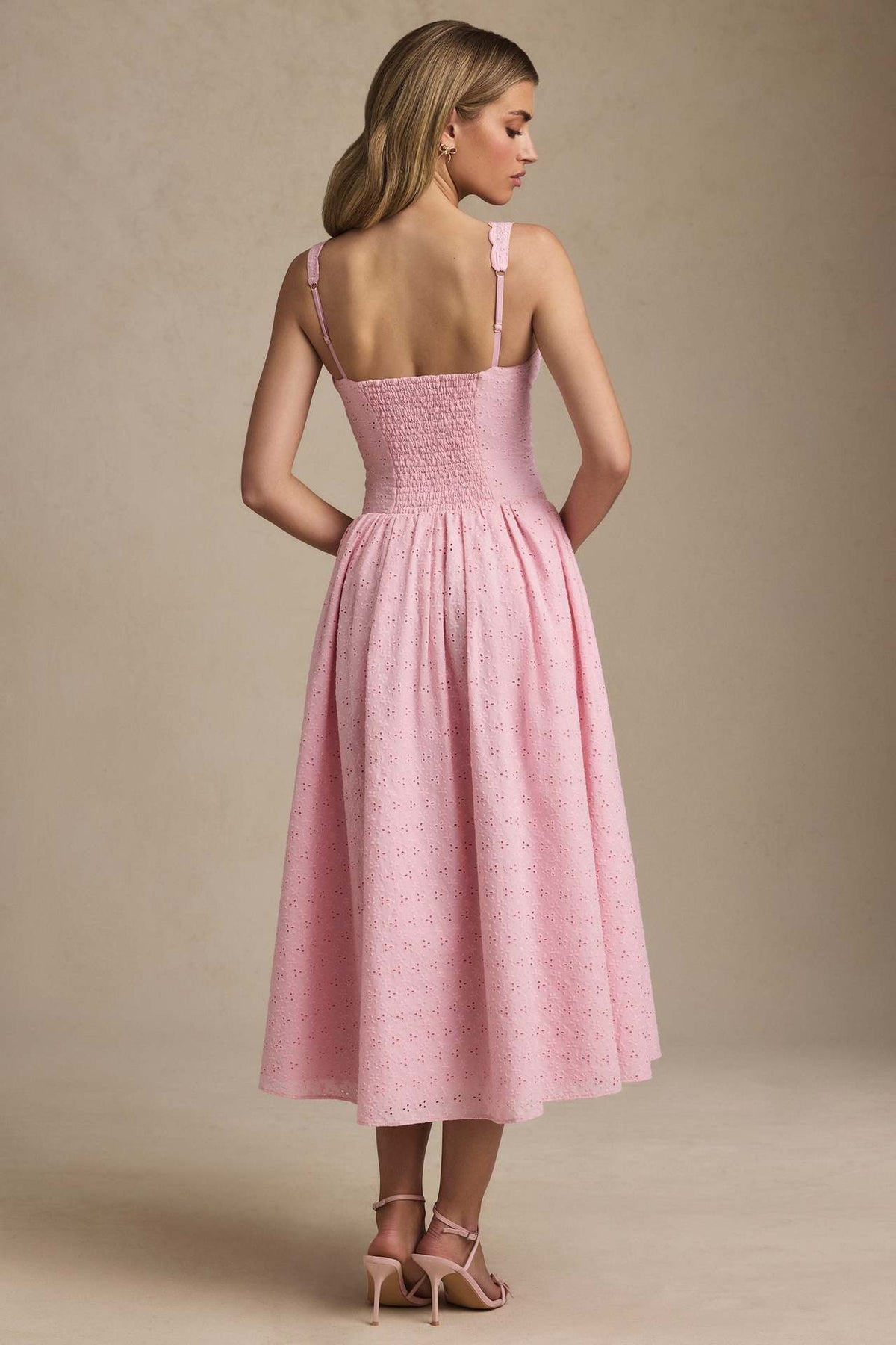 Eyelet Lace Deep V Bow Front Corset Bodice Full Skirt Midi Dress