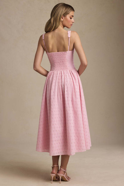 Eyelet Lace Deep V Bow Front Corset Bodice Full Skirt Midi Dress