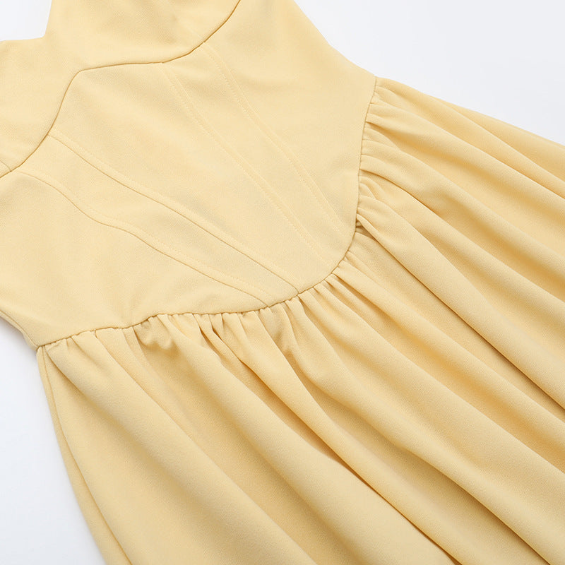 Sweetheart Spaghetti Strap Corset Bodice Pleated Pocket Midi Dress