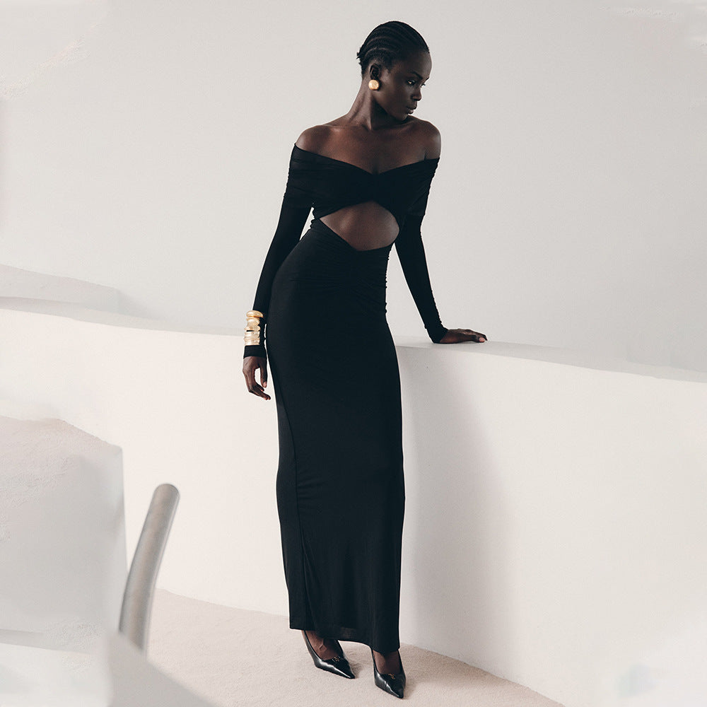 Off Shoulder Mesh Sleeve Diamond Cutout Ruched Column Maxi Gown