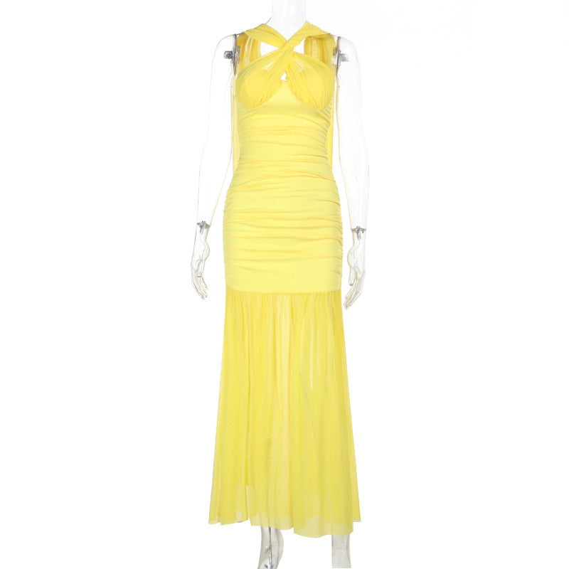 Halter Keyhole Ruched Bustier Mesh Skirt Column Maxi Gown