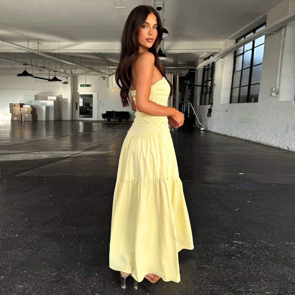 Strapless Ruched Bodice Tiered A-Line Maxi Dress
