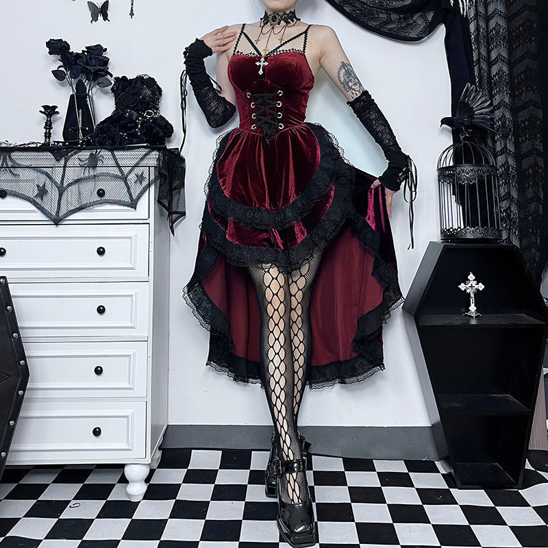 Lace Up Corset Cross Strap Velvet Lace Trim Hi-Lo Ruffle Dress