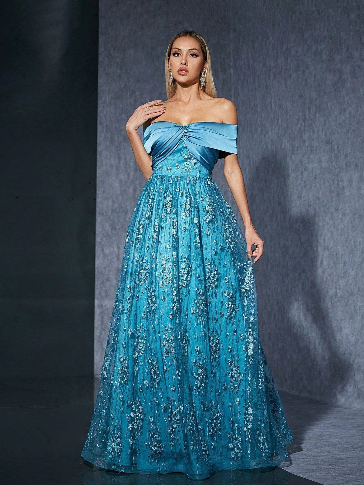Off Shoulder Floral Embroidery Satin Wrap A-Line Maxi Gown