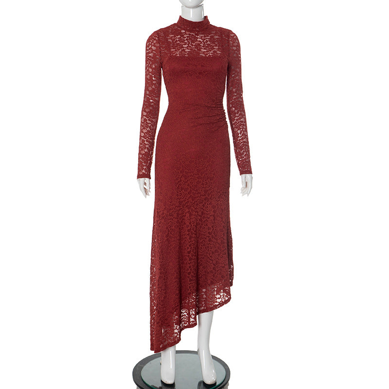 Mock Neck Long Sleeve Floral Lace Ruched High-Low Midi Dress