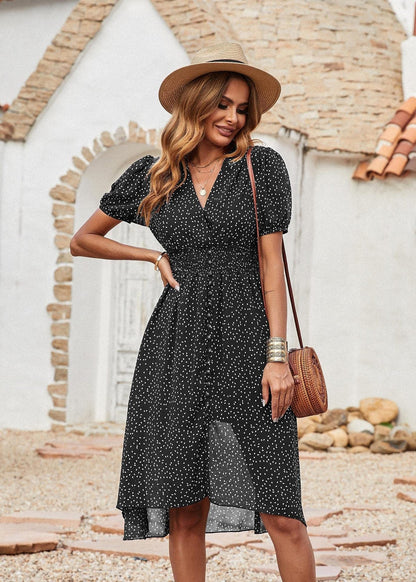 Deep V Neck Puff Sleeve Smocked Waist Button Front High Low Midi Dress