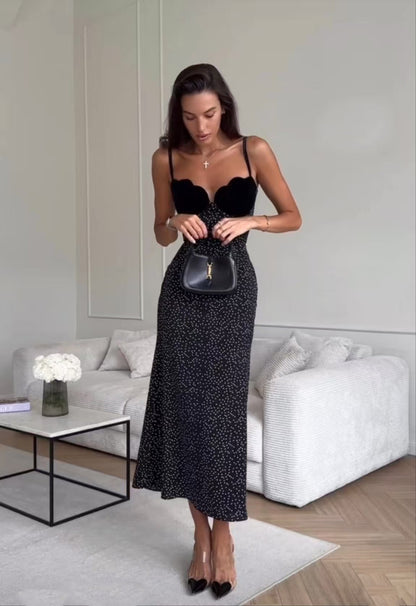Spaghetti Strap Scalloped Velvet Bust Polka Dot Bodycon Maxi Dress