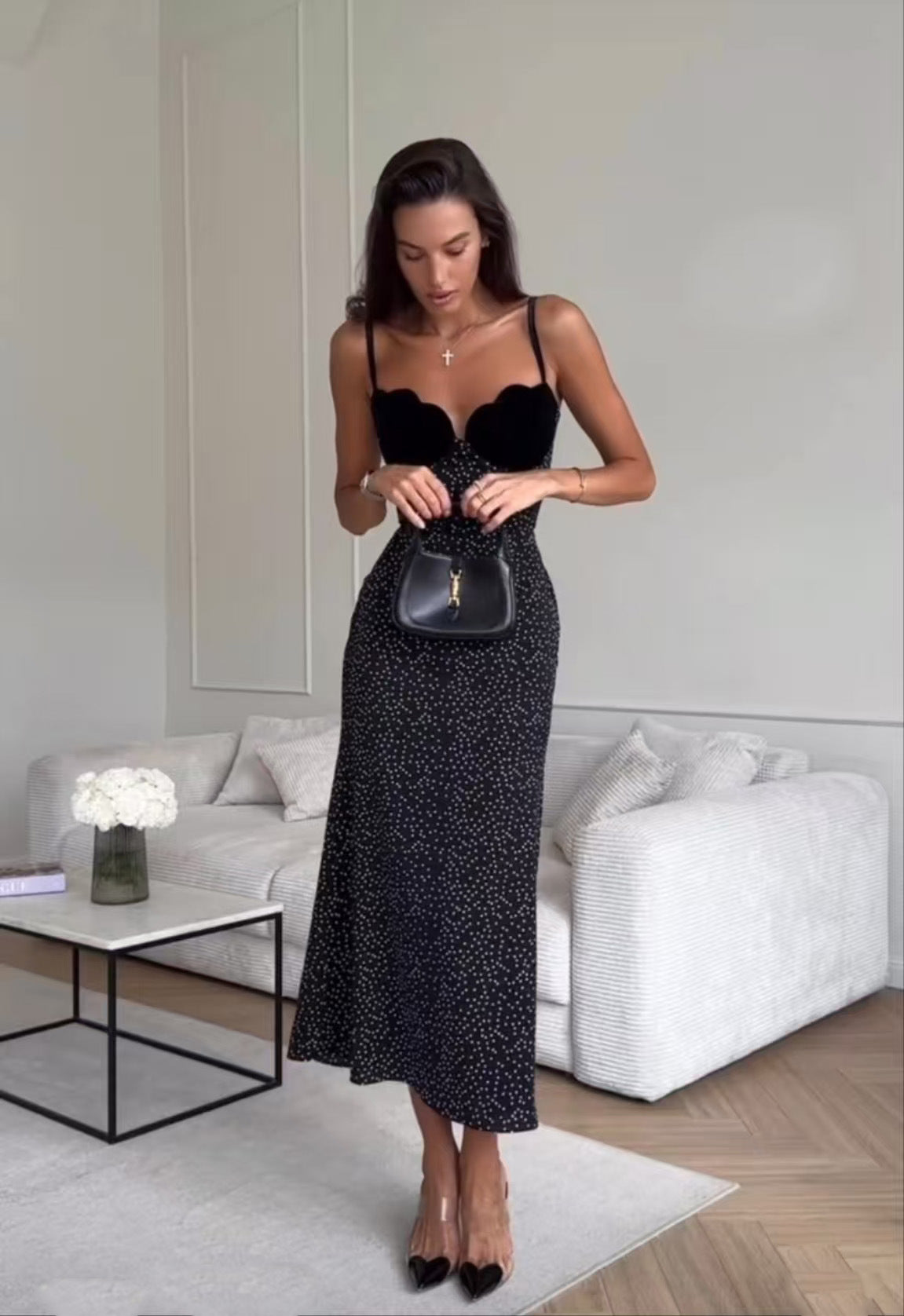 Sweetheart Scallop Velvet Bust Polka Dot Spaghetti Strap Midi Dress