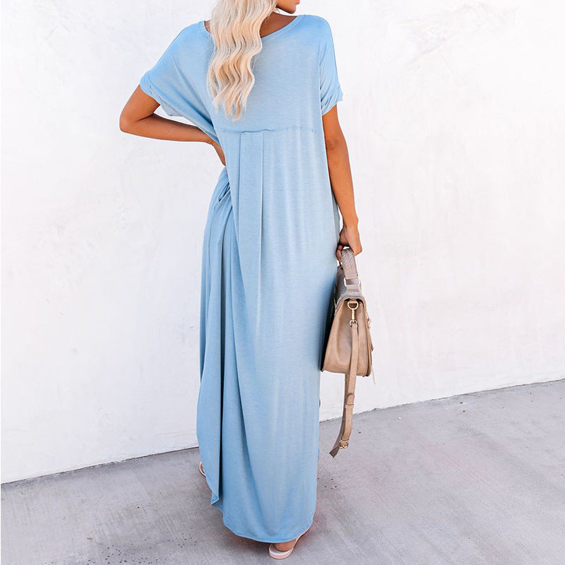V Neck Short Sleeve Pocket Side Slit Maxi Dress
