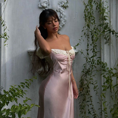 Tie-Up Puff Sleeve Waist Mi xiDress