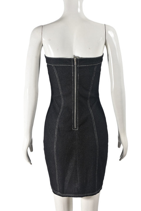 Black Strapless Distressed Denim Bodycon Mini Dress
