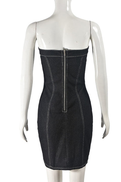 Black Strapless Distressed Denim Bodycon Mini Dress