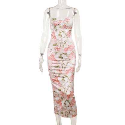 Sweetheart Lace Trim Spaghetti Strap Floral Print Bodycon Maxi Dress