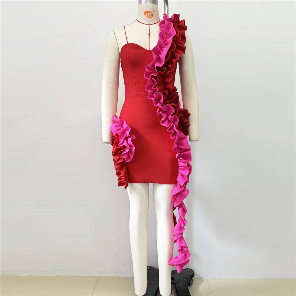 Strapless Sweetheart Cascading Ruffle One-Shoulder Mini Dress
