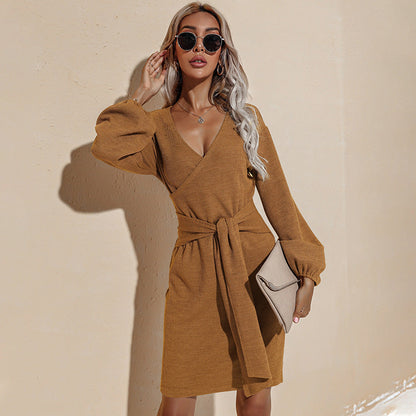 V Neck Wrap Front Lantern Sleeve Knit Mini Dress With Self Tie Belt