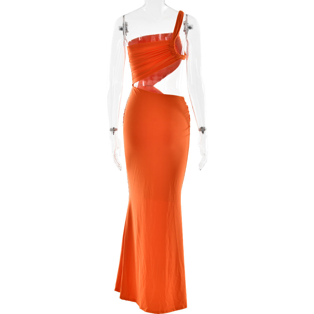 One Shoulder Ruched Side Cutout Pooling Sash Column Maxi Dress