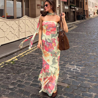 Strapless Floral Print Matching Scarf Neck Bodycon Maxi Dress