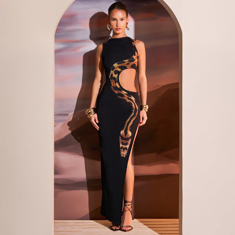 Crew Neck Snake Print Side Cutout High Slit Maxi Dress
