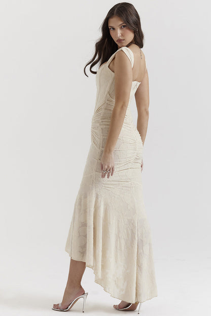 Square Neck Corset Ruched Jacquard High-Low Ruffle Maxi Dress