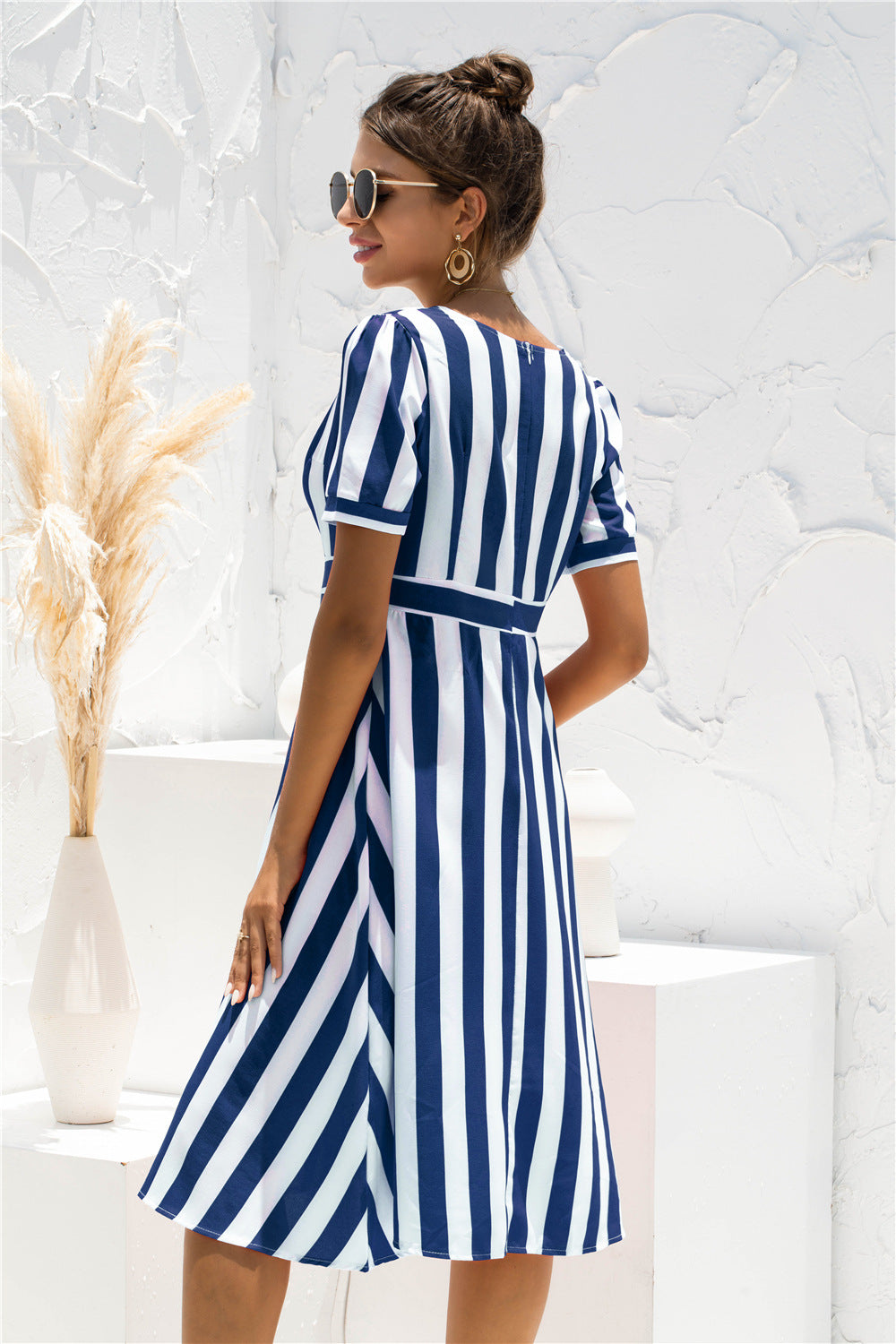 Surplice V Neck Short Sleeve Vertical Stripe Midi Dress