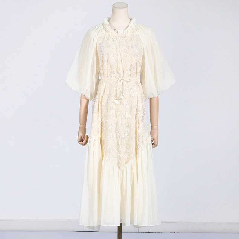 Ruffle Collar Puff Sleeve Lace Sequin Embroidered Drawstring Waist Midi Dress