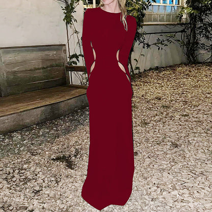 Crew Neck Long Sleeve Waist Cutout Bodycon Maxi Dress