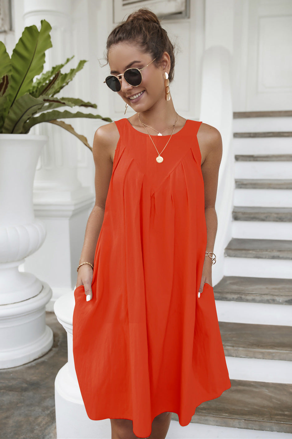 Crew Neck Radiating Pleat Pocket Shift Dress