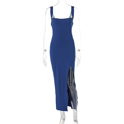 Square Neck Sleeveless High Slit Bodycon Maxi Dress